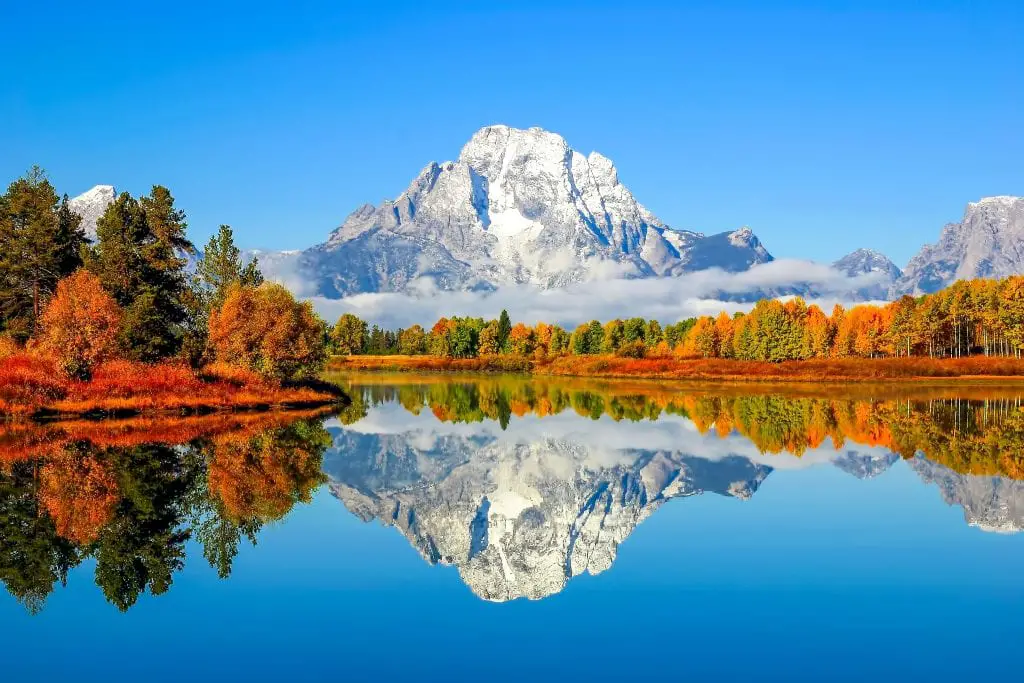 Oxbow Bend در پارک ملی Grand Teton با انعکاس در رودخانه Snake