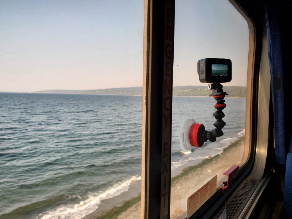 GoPro Gooseneck Suction Cup Mount Holder on an Amtrak Train