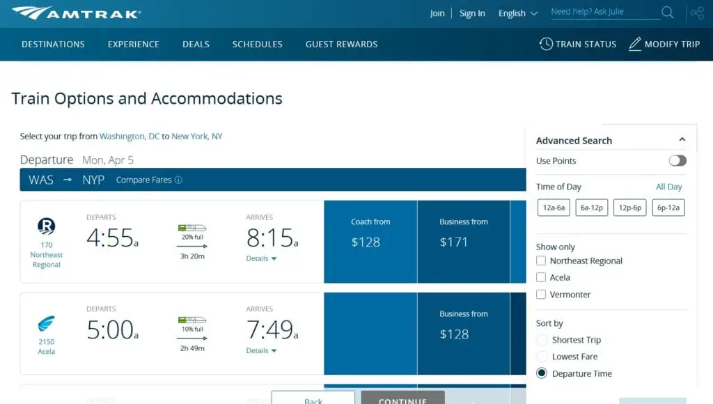Amtrak booking options