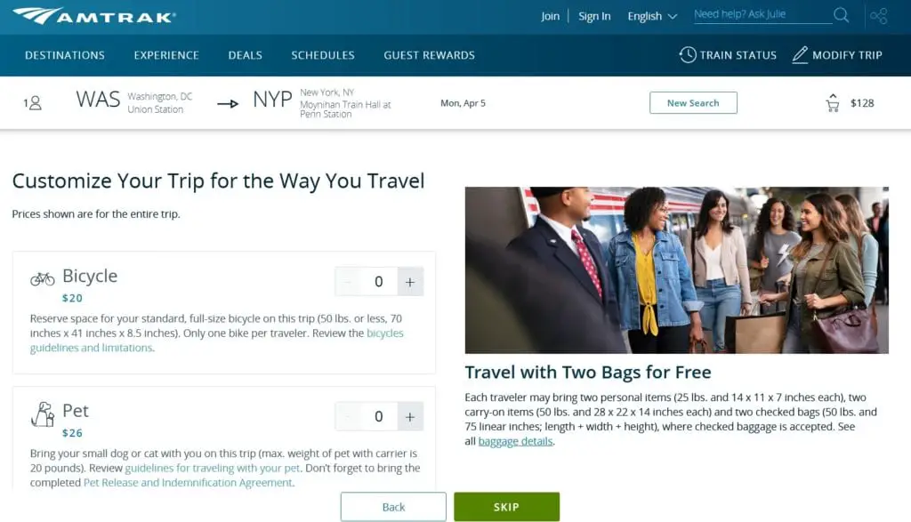 Amtrak booking options