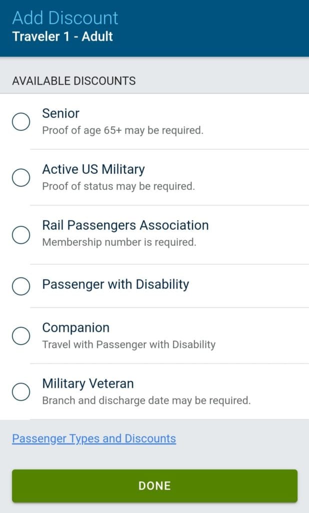 Amtrak booking options