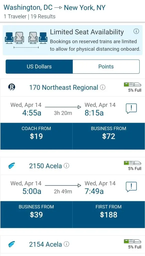 Amtrak booking options