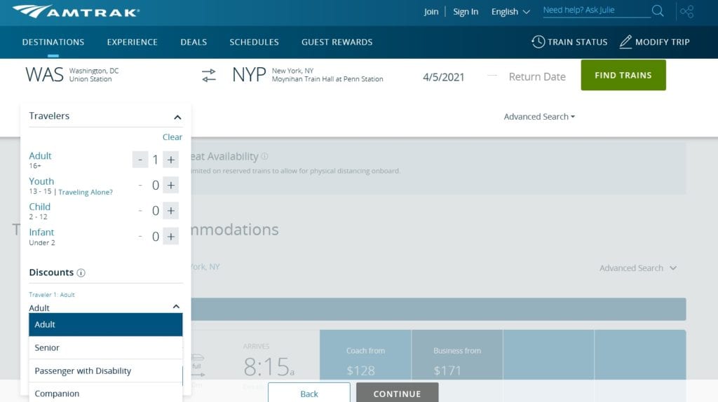 Amtrak booking options