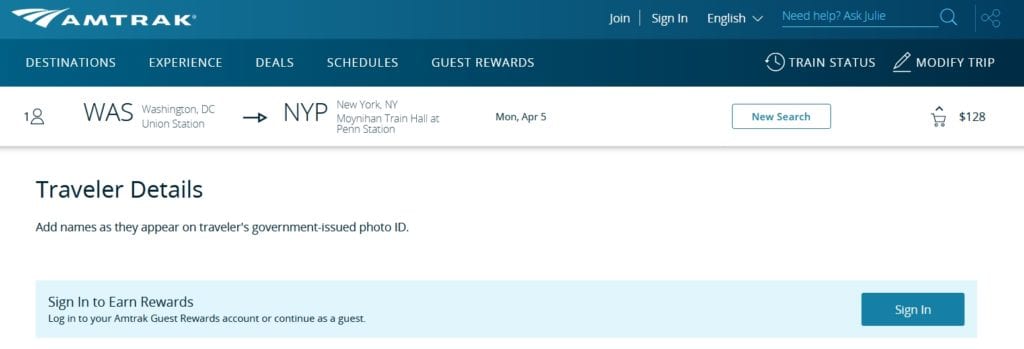 Amtrak booking options