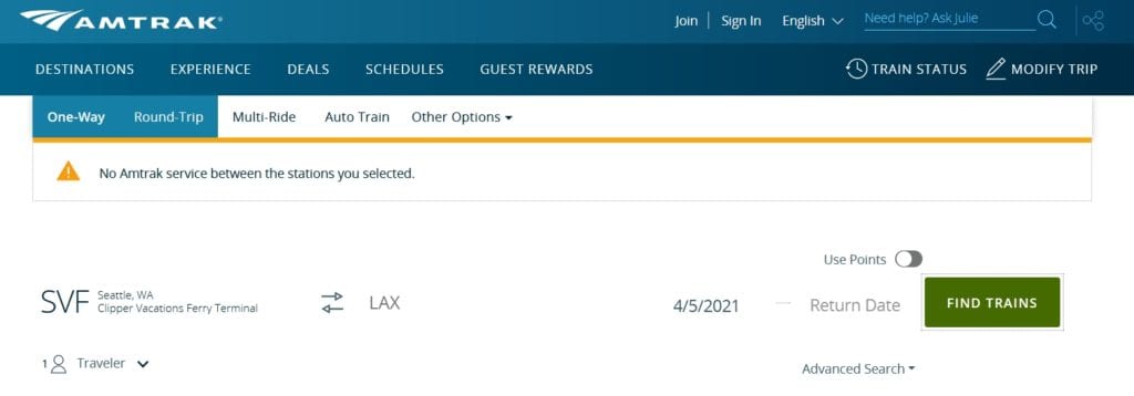 Amtrak booking options