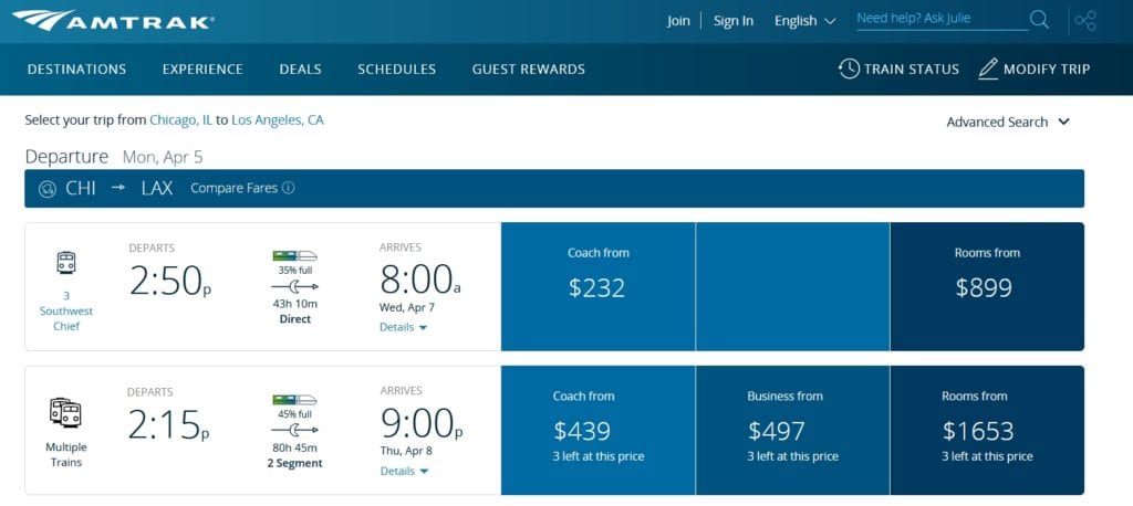 Amtrak booking options