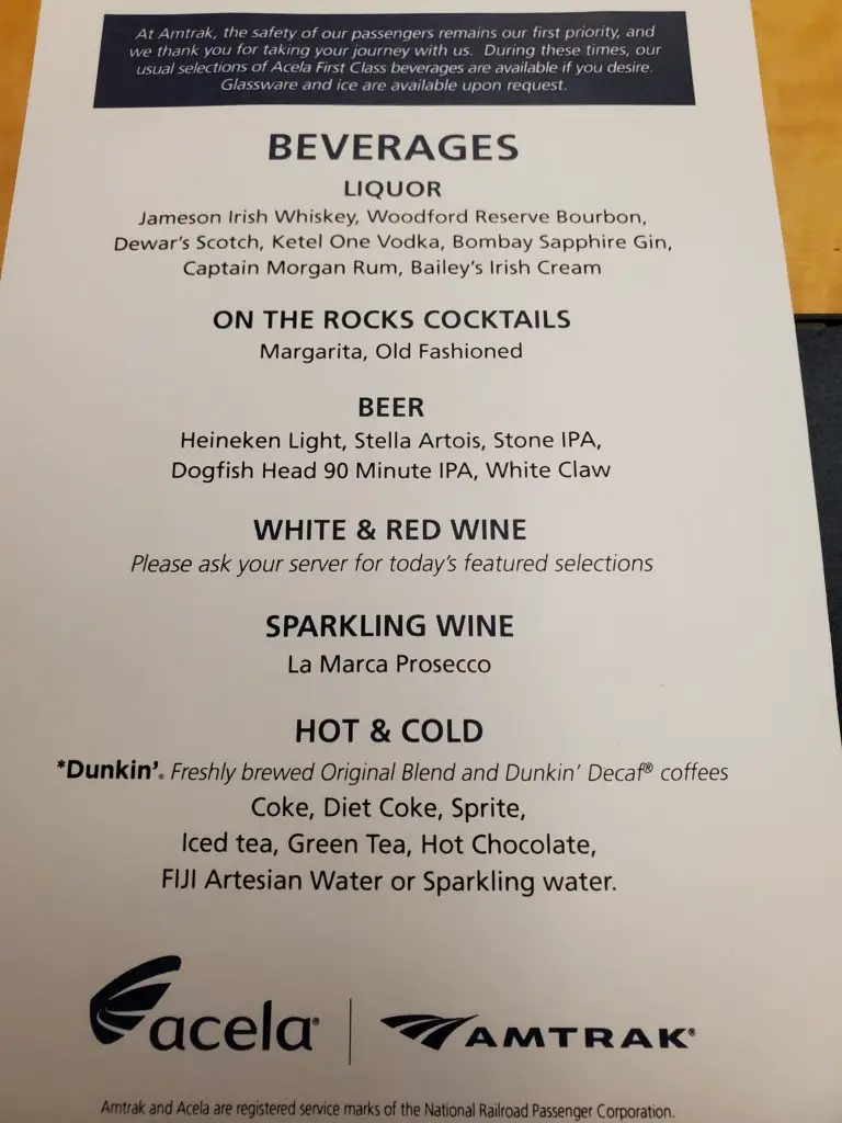 Amtrak Acela First Class Drink Menu