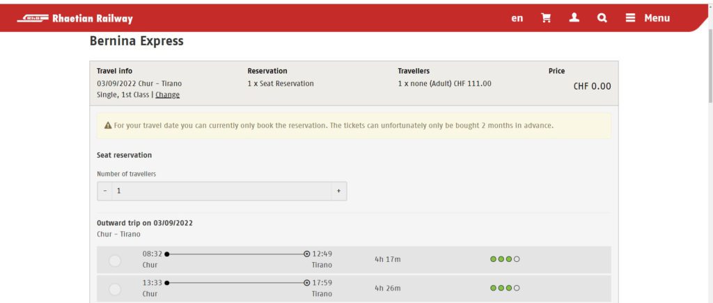 booking tickets on the Bernina Express